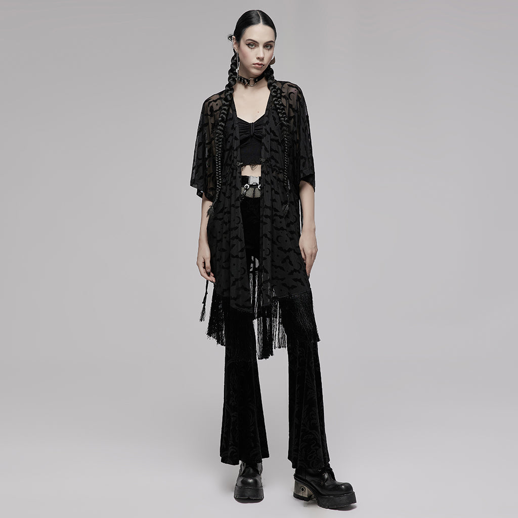 OPY-656DPF Gothic Coat Sheer Fringe Layered Black Longline Jacket Gothic Sheer Lace Fringe Open Front Coat Women