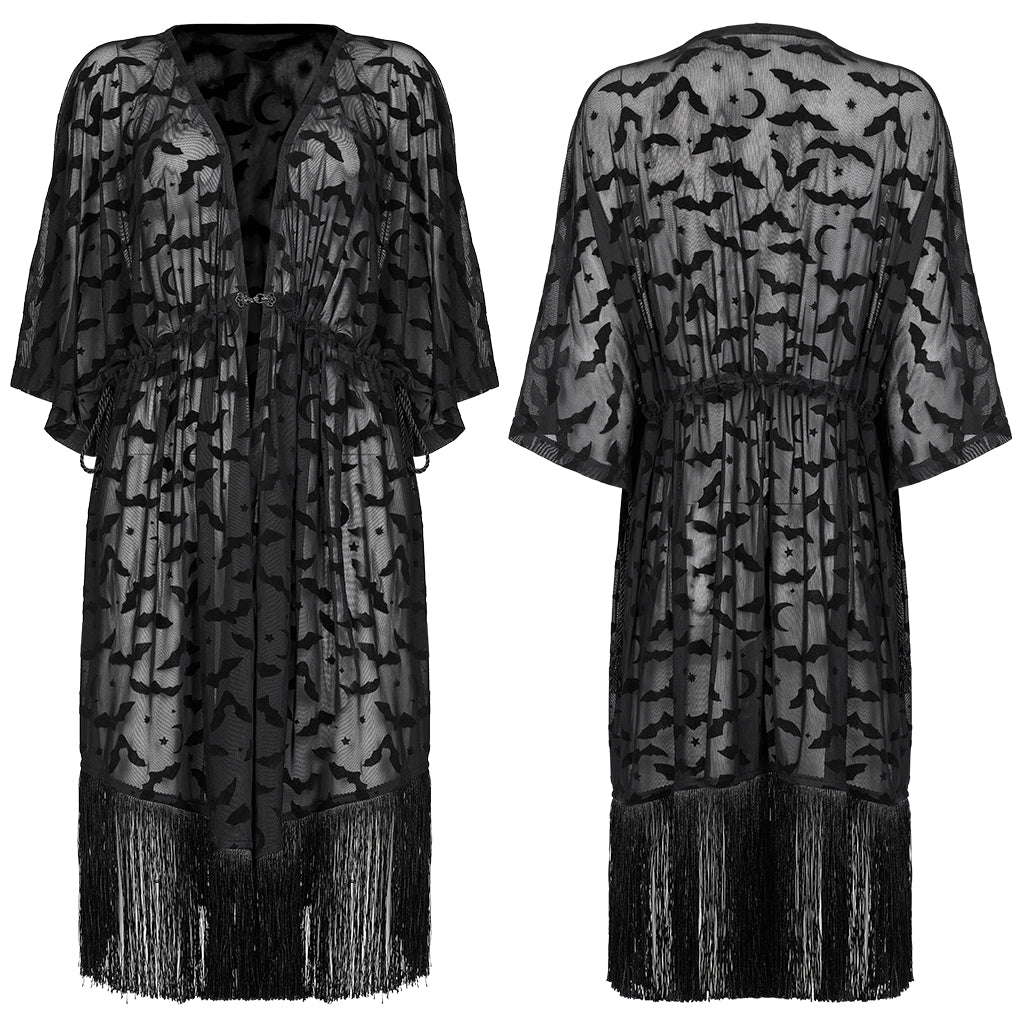 OPY-656DPF Gothic Coat Sheer Fringe Layered Black Longline Jacket Gothic Sheer Lace Fringe Open Front Coat Women