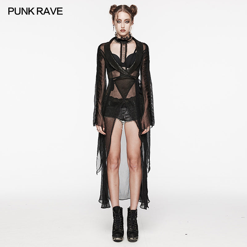 Punk Rave WY-1567XCF Cracked Leather And Chiffon Goth Perspective Long Cardigan?-??Punk Rave Clothing