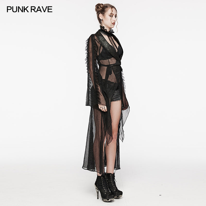 Punk Rave WY-1567XCF Cracked Leather And Chiffon Goth Perspective Long Cardigan?-??Punk Rave Clothing