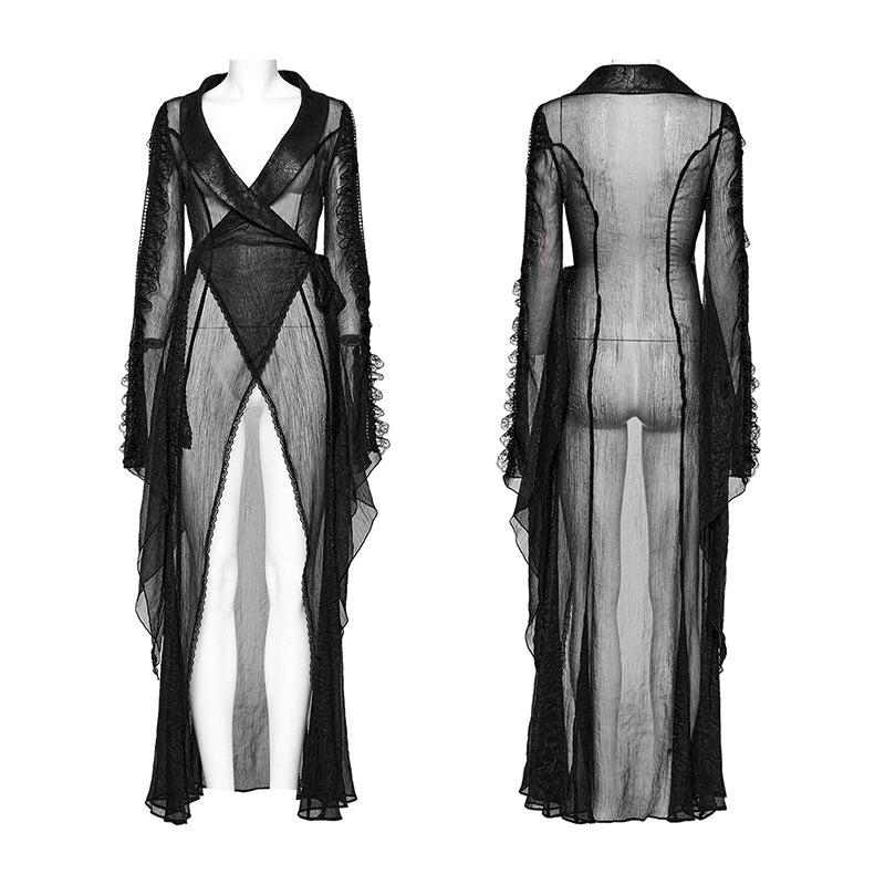 Punk Rave WY-1567XCF Cracked Leather And Chiffon Goth Perspective Long Cardigan?-??Punk Rave Clothing