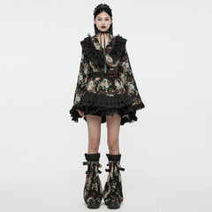 Q-114 floral Frilled Gothic Dress with Ribbon Accents and Layered Skirt