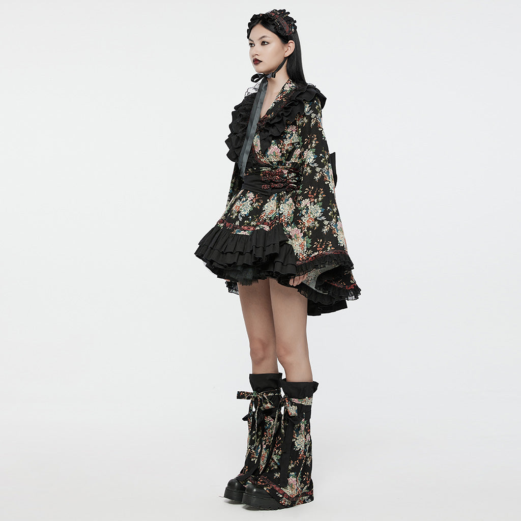 Q-114 floral Frilled Gothic Dress with Ribbon Accents and Layered Skirt