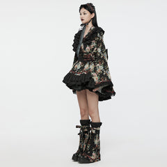 Q-114 floral Frilled Gothic Dress with Ribbon Accents and Layered Skirt