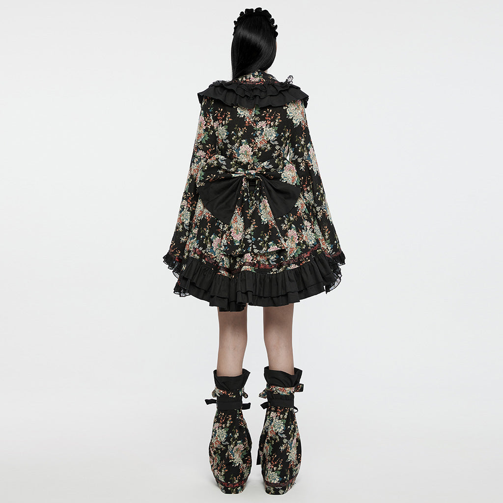 Q-114 floral Frilled Gothic Dress with Ribbon Accents and Layered Skirt