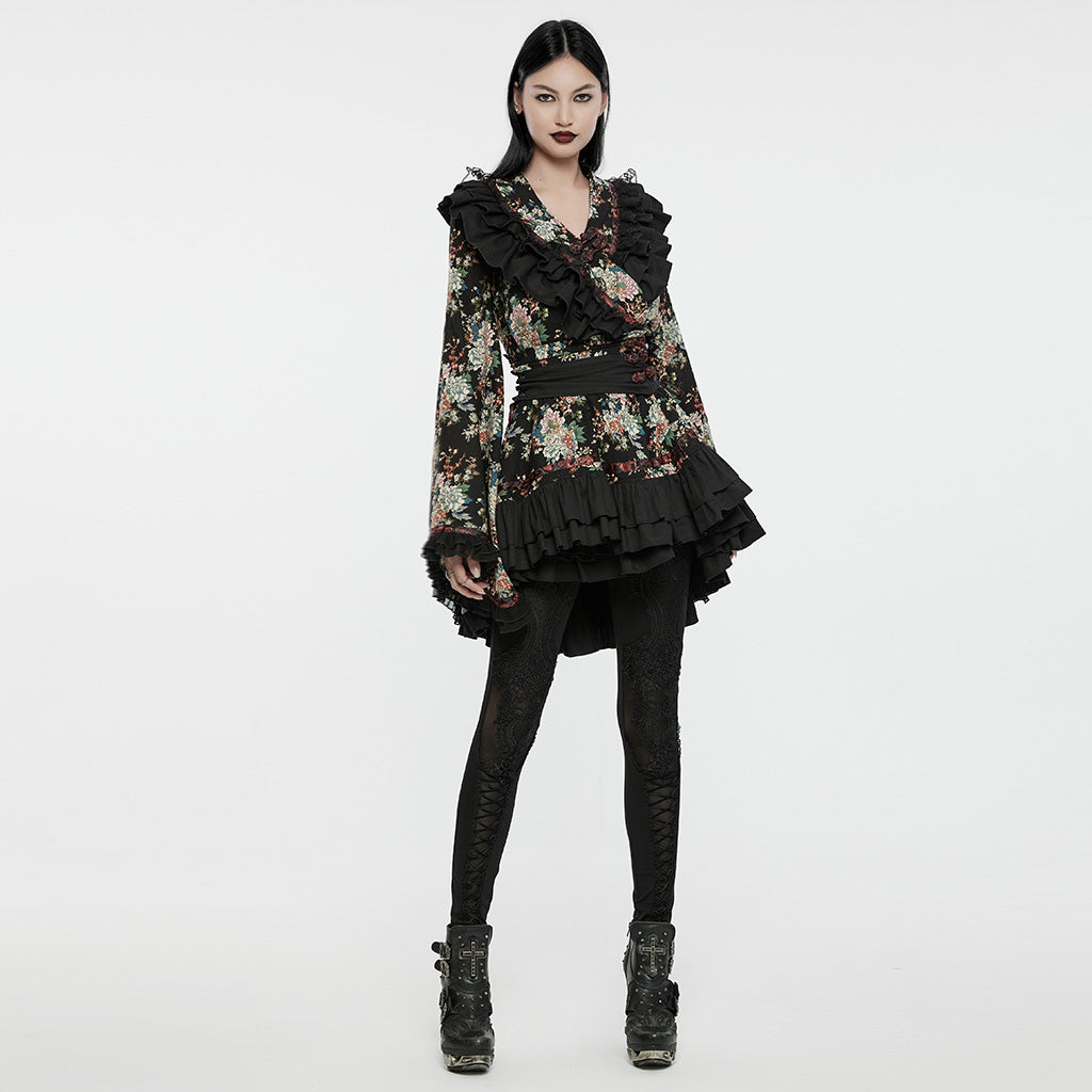 Q-114 floral Frilled Gothic Dress with Ribbon Accents and Layered Skirt