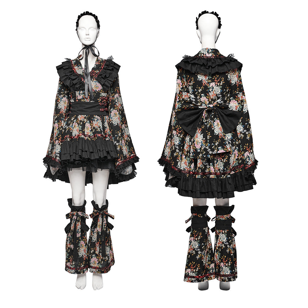 Q-114 floral Frilled Gothic Dress with Ribbon Accents and Layered Skirt