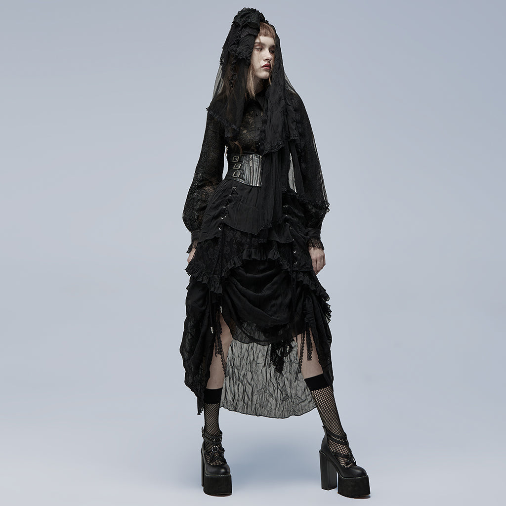 WQ-554BQF Gothic Skirt Layered Black Asymmetrical Lace Ruffle Design