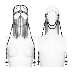 WS-890FSF Gothic Accessories Black Beaded Chain Headpiece with Cross Detail