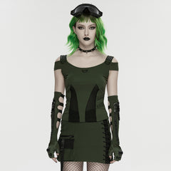 WT-1065TDF Green Mesh Accent Cutout Punk T-Shirts Edgy Shoulder Straps