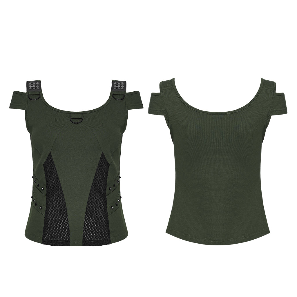 WT-1065TDF Green Mesh Accent Cutout Punk T-Shirts Edgy Shoulder Straps