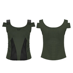 WT-1065TDF Green Mesh Accent Cutout Punk T-Shirts Edgy Shoulder Straps