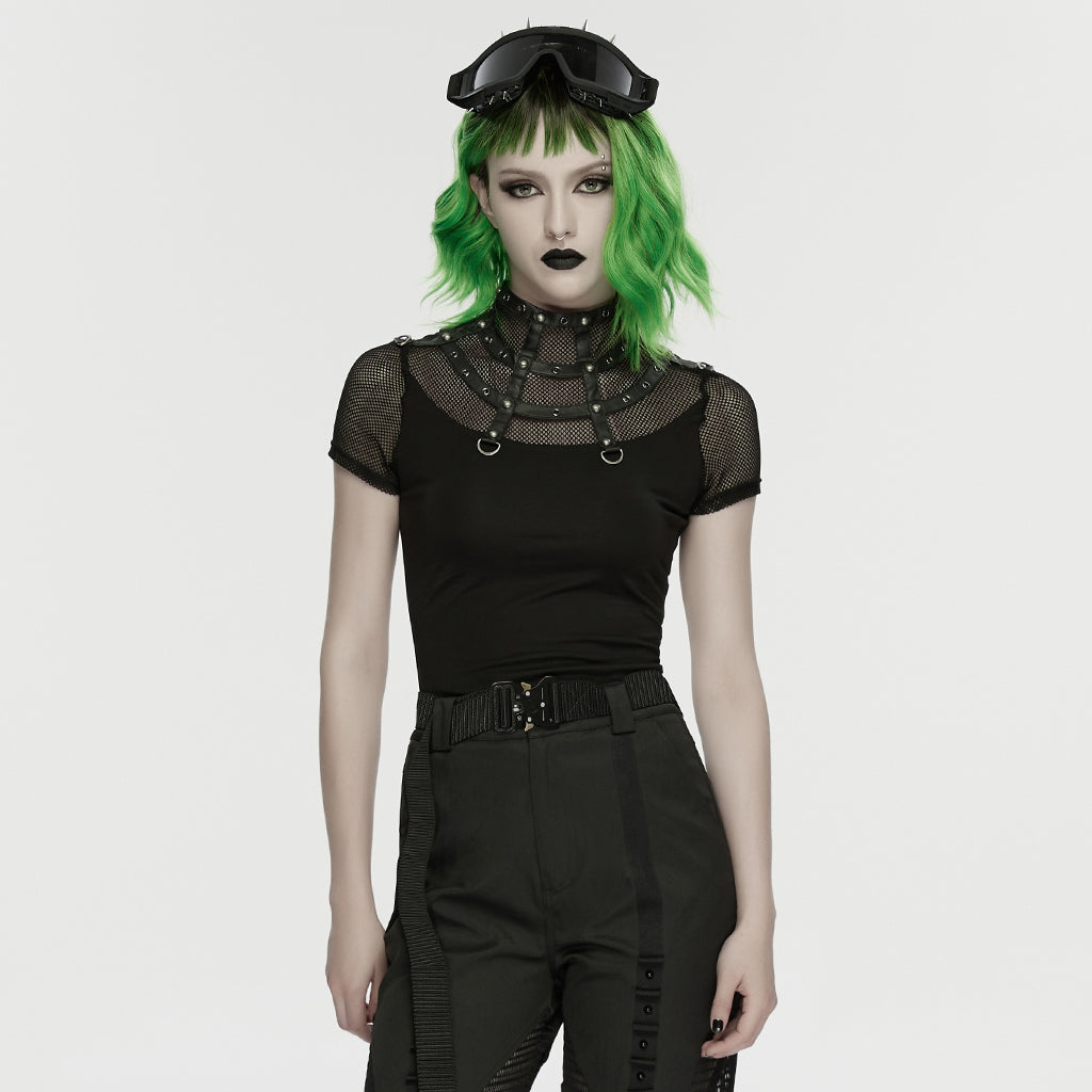 WT-1066TDF Edgy Mesh Strap Punk T-Shirts Gothic Fashion