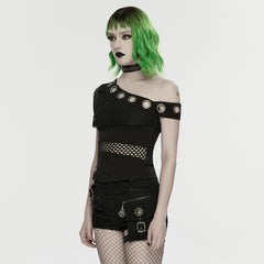 WT-1078TDF Edgy Asymmetrical Fishnet Punk Shirt Grommet Detail Black Top