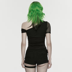 WT-1078TDF Edgy Asymmetrical Fishnet Punk Shirt Grommet Detail Black Top