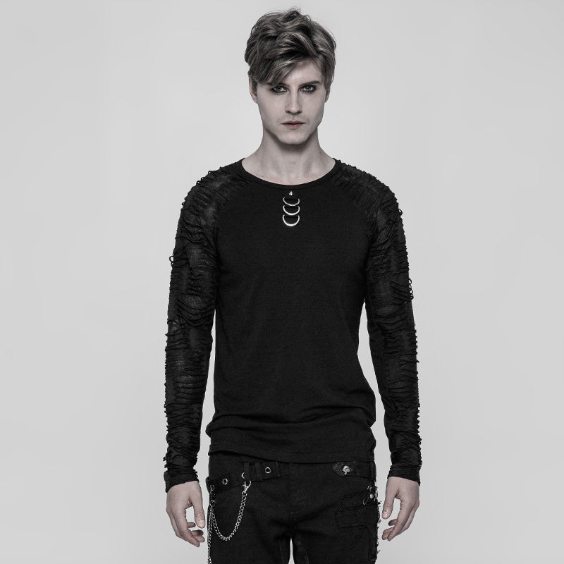 WT-524TCM Gothic Black Ripped Sleeved Punk T Shirts with Metal Rings
