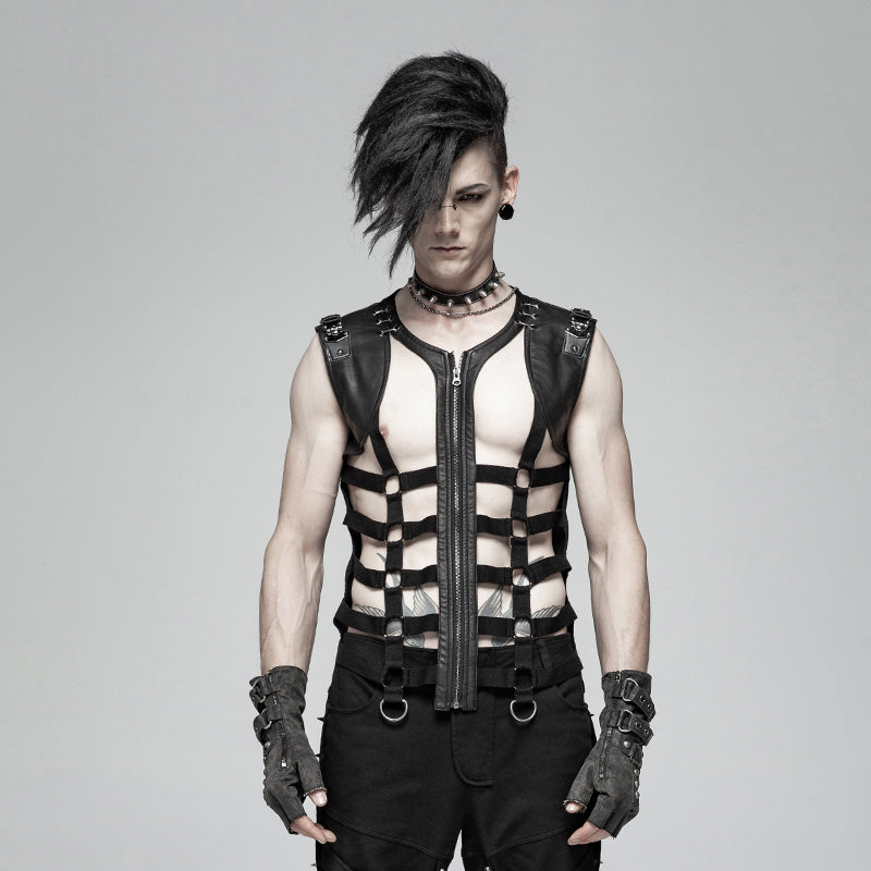 WT-565MJM Edgy Strapped Leather Punk Vests with Buckles and Zipper Closure