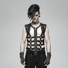 WT-565MJM Edgy Strapped Leather Punk Vests with Buckles and Zipper Closure