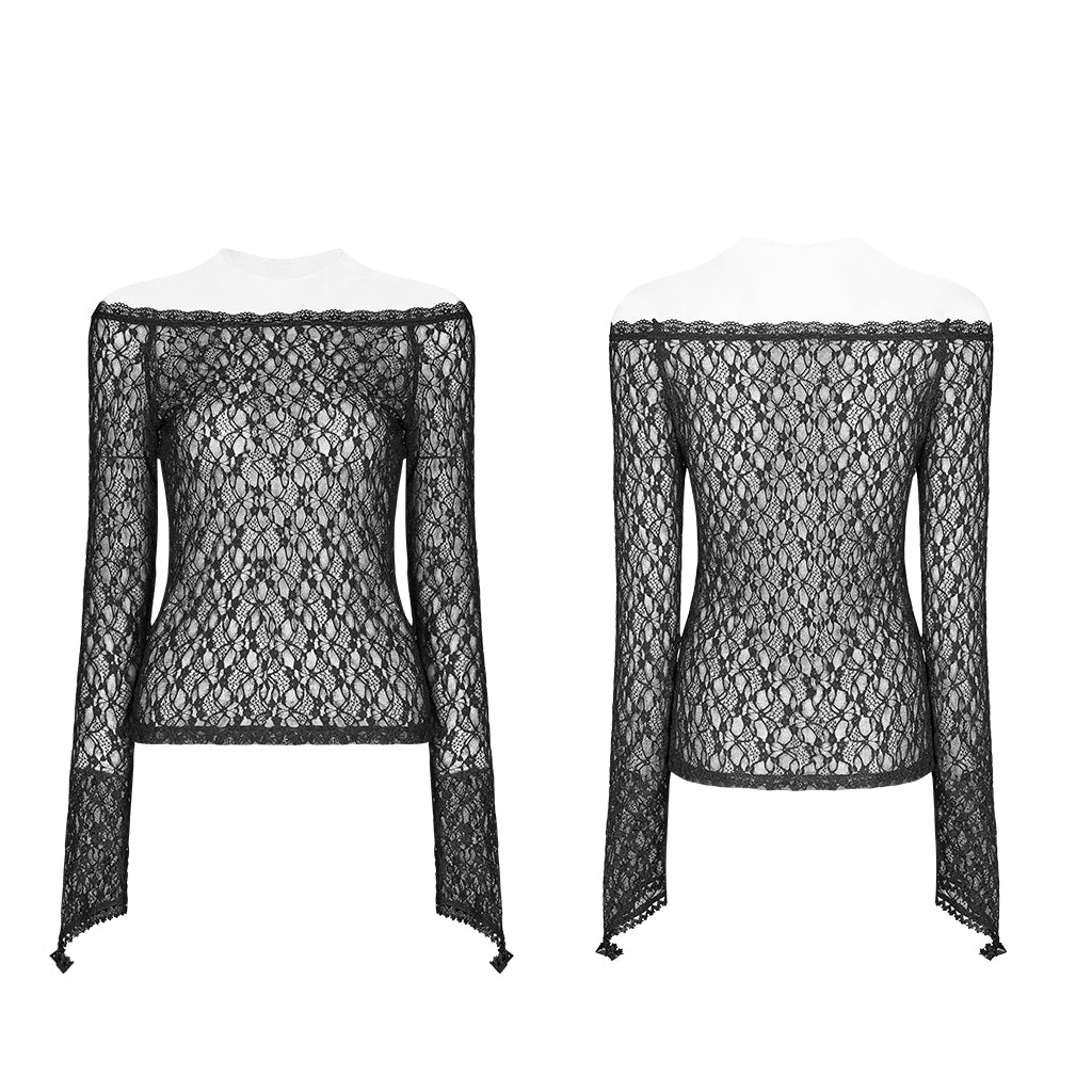 WT-598TCF Gothic Lace Transparent Long Sleeve T-Shirt Black Mesh Design?-??Punk Rave Clothing