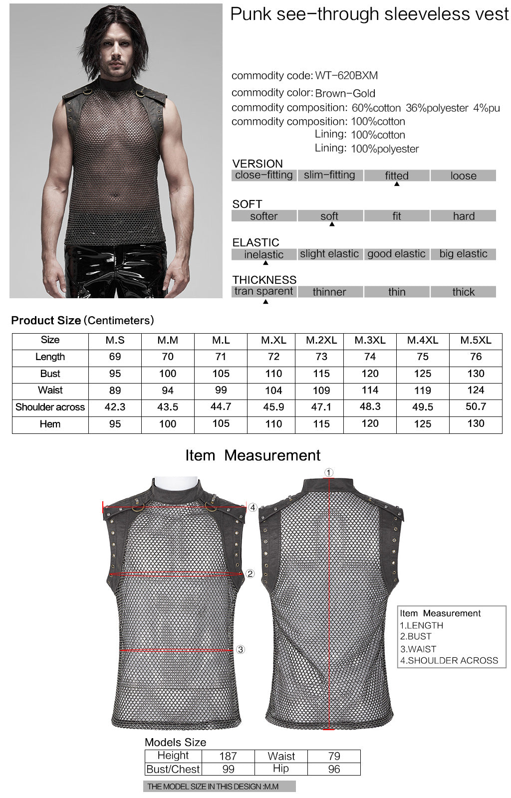 WT-620BXM Mens See-through Mesh Punk Vest with Studded Shoulders