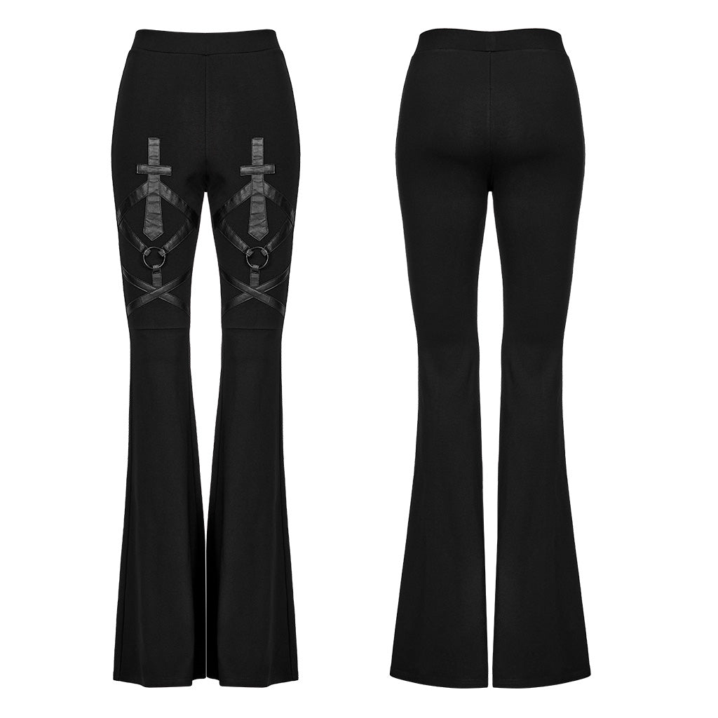 WK-547XCF Gothic Pants Flared Cross Strap Accent High Waist Design