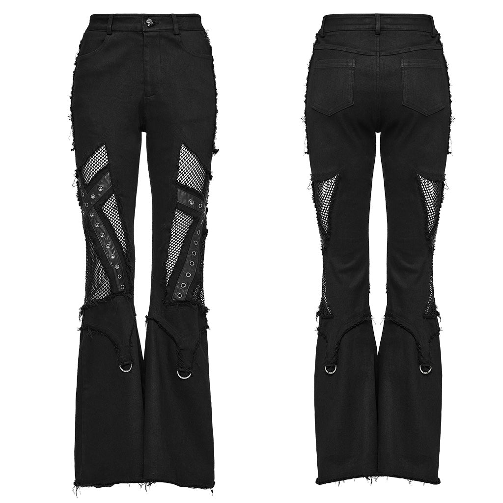 WK-568NCF Gothic Mesh Strap Accent Flared Punk Pants?-??Punk Rave Clothing