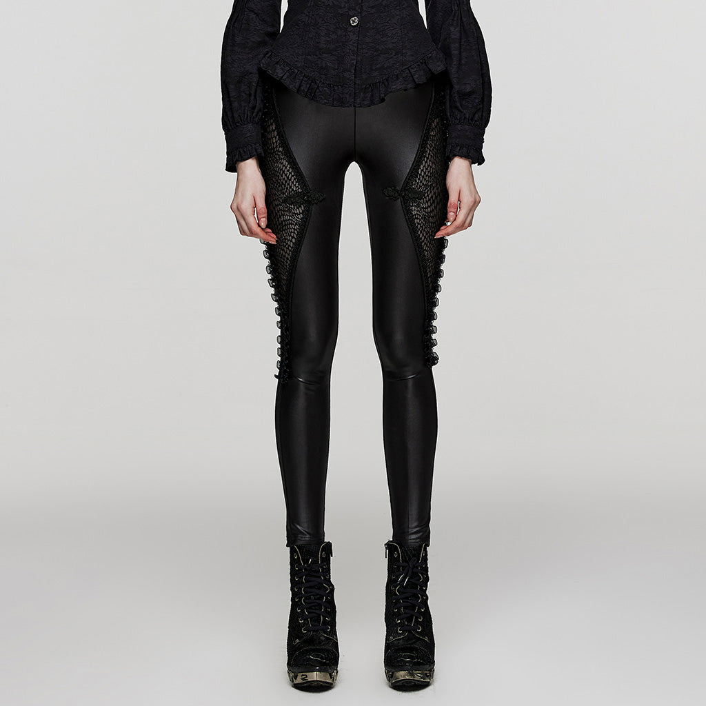 WK-574DDF Gothic Pants Mesh Panel Lace-Up Faux Leather Leggings