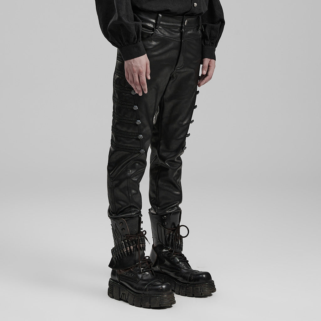 WK-583PCM Edgy black PU Pants with Side Buttoned Accents?-??Punk Rave Clothing