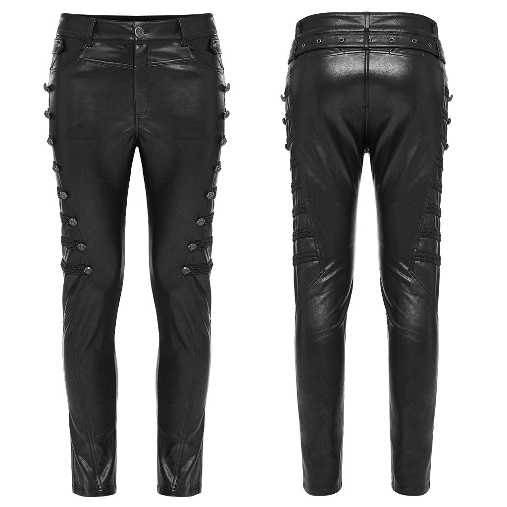 WK-583PCM Edgy black PU Pants with Side Buttoned Accents