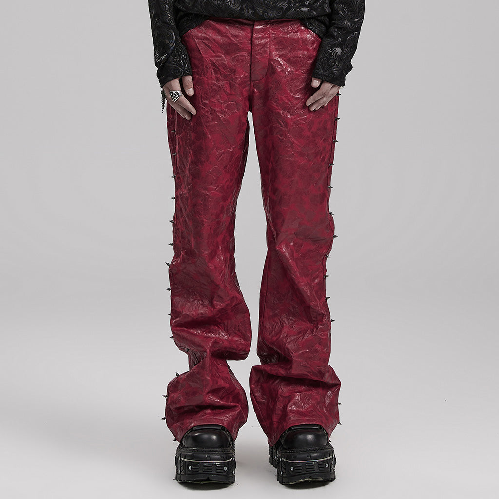 WK-585PCM Red Punk Textured Pleated Leather Pants with Spiked Sides