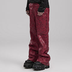 WK-585PCM Red Punk Textured Pleated Leather Pants with Spiked Sides