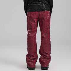 WK-585PCM Red Punk Textured Pleated Leather Pants with Spiked Sides