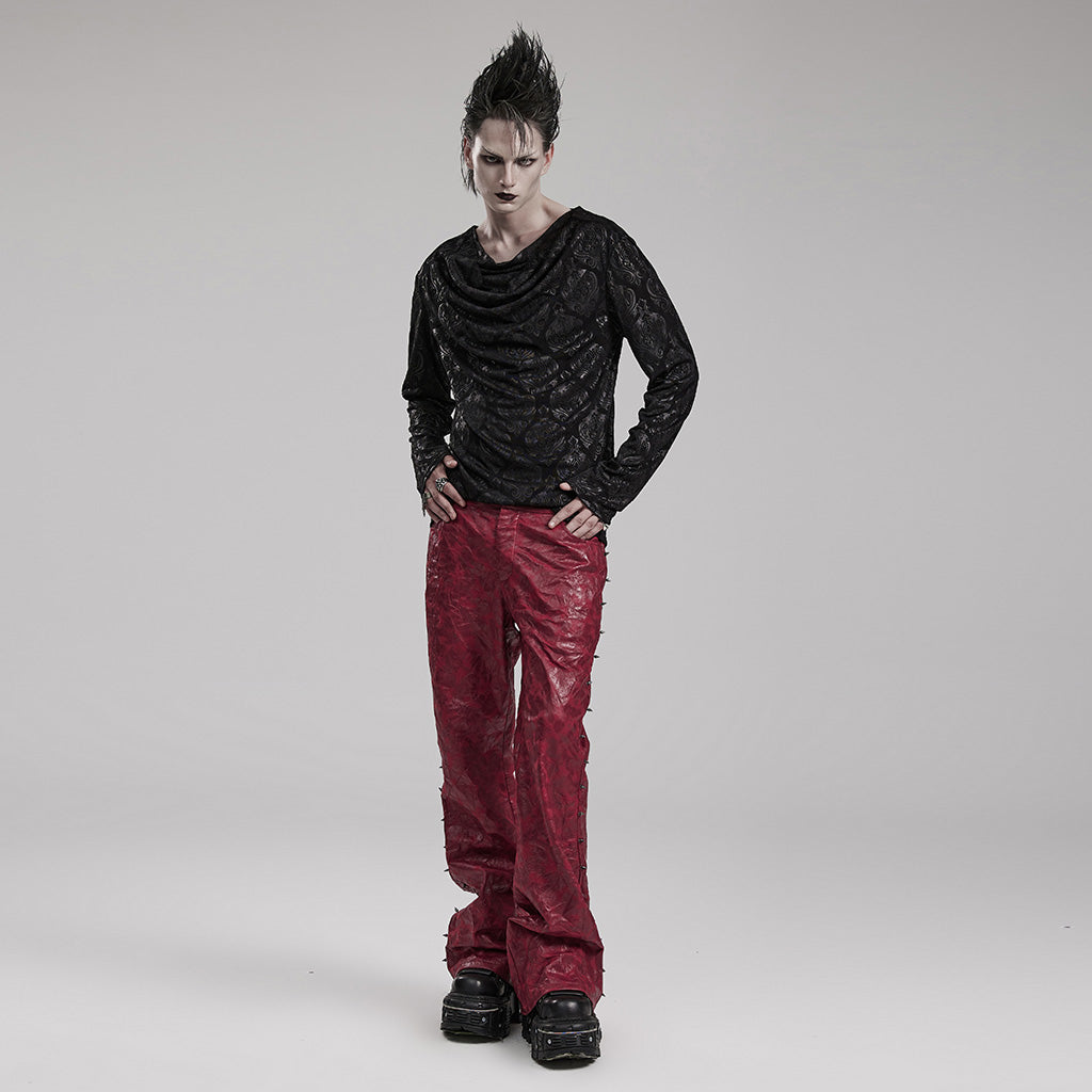 WK-585PCM Red Punk Textured Pleated Leather Pants with Spiked Sides