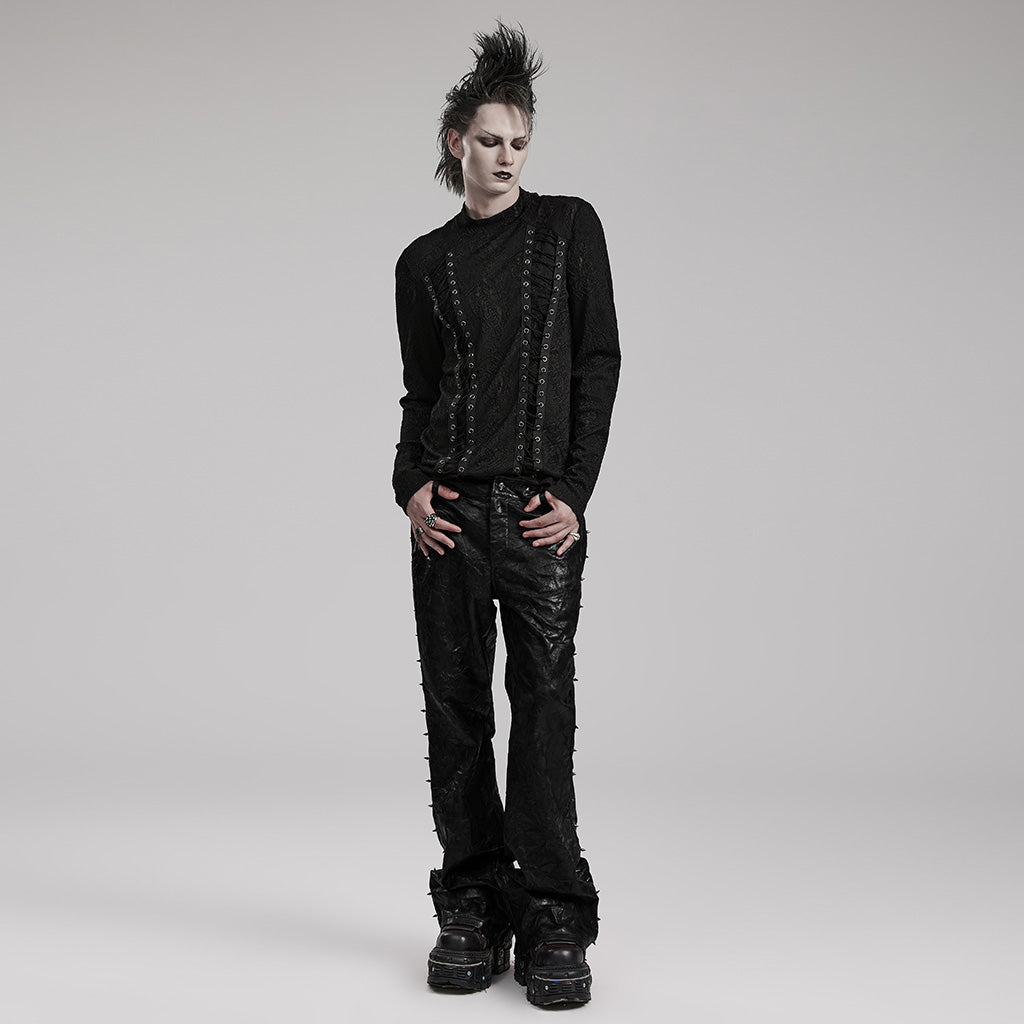 WK-585PCM Red Punk Textured Pleated Leather Pants with Spiked Sides?-??Punk Rave Clothing