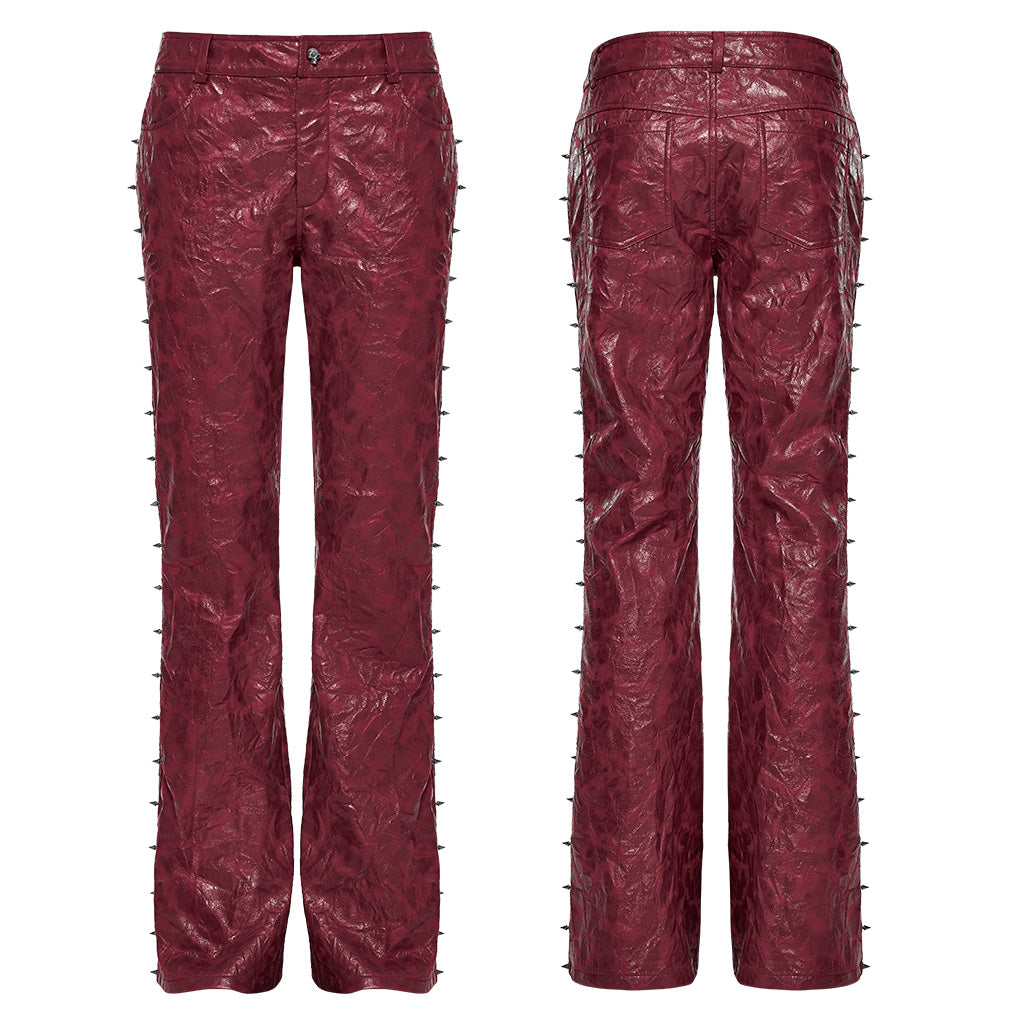 WK-585PCM Red Punk Textured Pleated Leather Pants with Spiked Sides