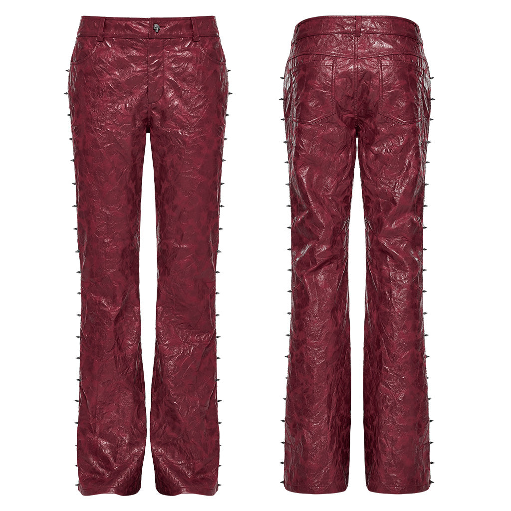 WK-585PCM Red Punk Textured Pleated Leather Pants with Spiked Sides?-??Punk Rave Clothing