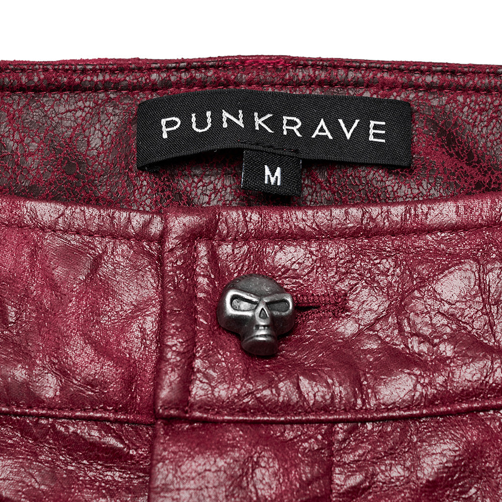 WK-585PCM Red Punk Textured Pleated Leather Pants with Spiked Sides?-??Punk Rave Clothing