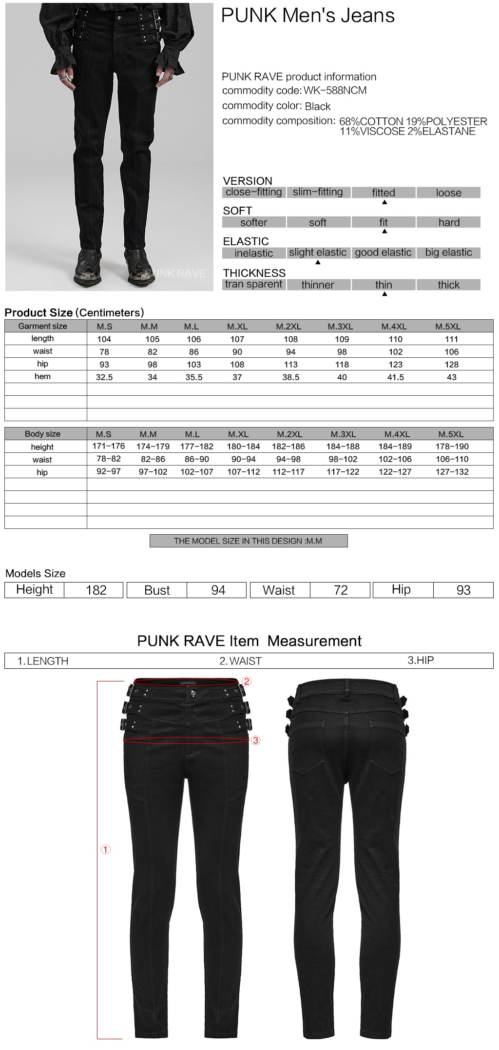 WK-588NCM Mens black Punk Pants Buckle Straps Slim Fit Denim?-??Punk Rave Clothing