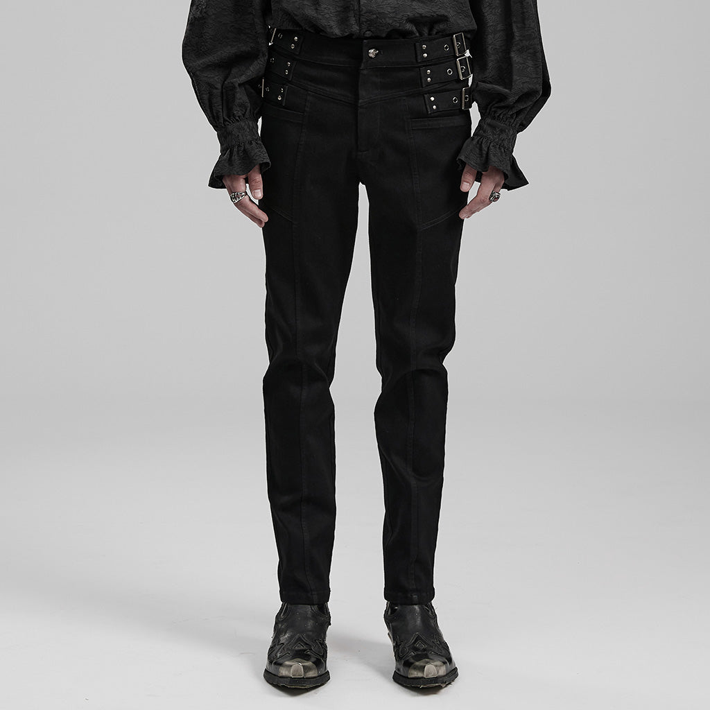 WK-588NCM Mens black Punk Pants Buckle Straps Slim Fit Denim?-??Punk Rave Clothing
