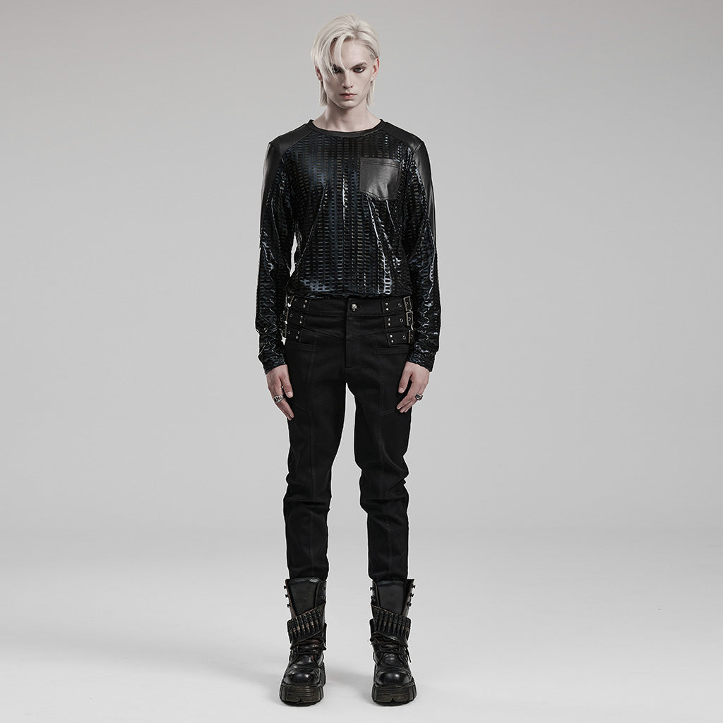 WK-588NCM Mens black Punk Pants Buckle Straps Slim Fit Denim?-??Punk Rave Clothing