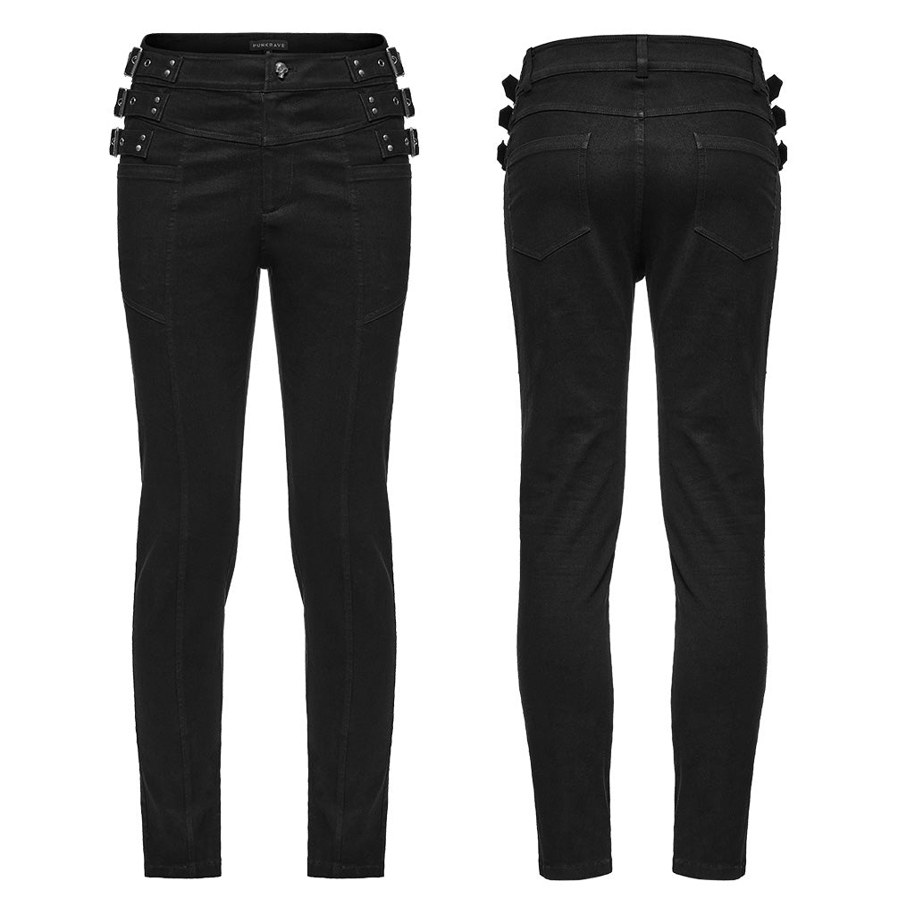 WK-588NCM Mens black Punk Pants Buckle Straps Slim Fit Denim