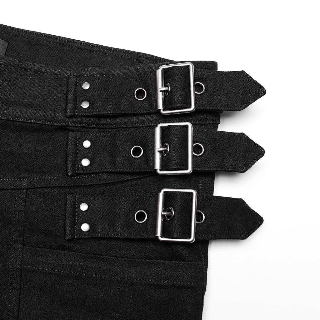 WK-588NCM Mens black Punk Pants Buckle Straps Slim Fit Denim?-??Punk Rave Clothing