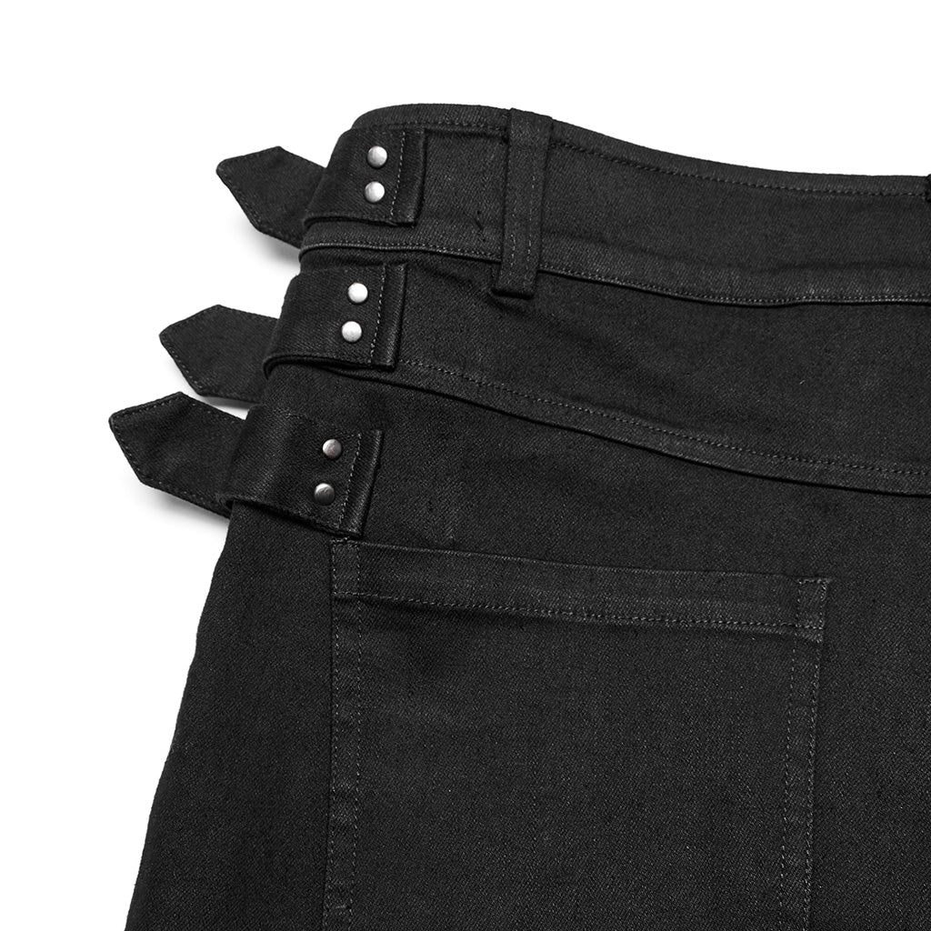 WK-588NCM Mens black Punk Pants Buckle Straps Slim Fit Denim