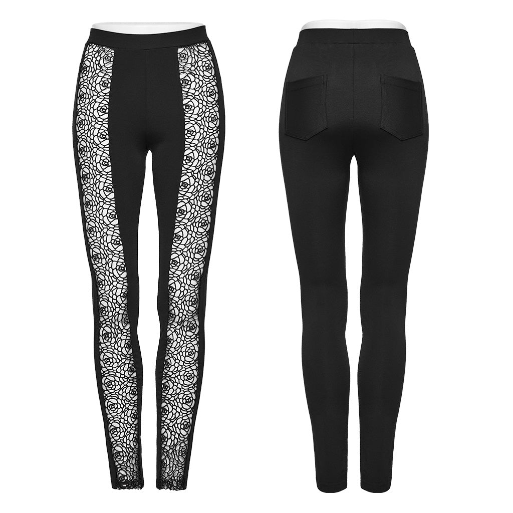 WK-593XCF Gothic Lace Panel Slim Fit black Stretch Pants?-??Punk Rave Clothing
