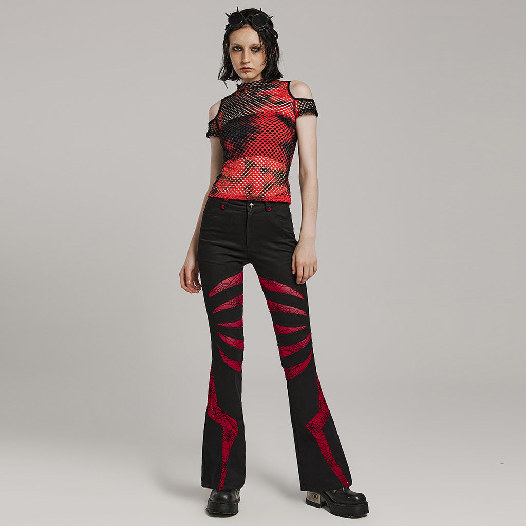 WK-595XCF Gothic Flared Pants with Mesh Cutouts and Pointed Details