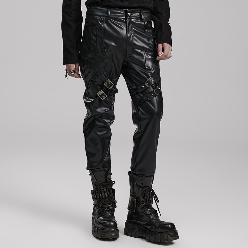 WK-598PCM Edgy Faux Leather Punk Pants with Buckles and Zipper Details