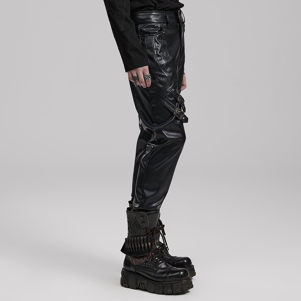 WK-598PCM Edgy Faux Leather Punk Pants with Buckles and Zipper Details?-??Punk Rave Clothing