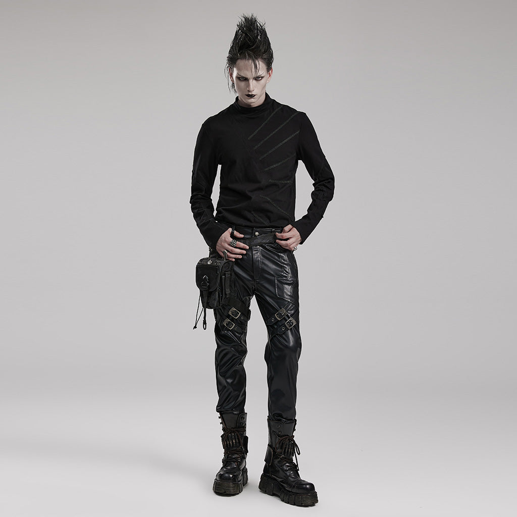 WK-598PCM Edgy Faux Leather Punk Pants with Buckles and Zipper Details