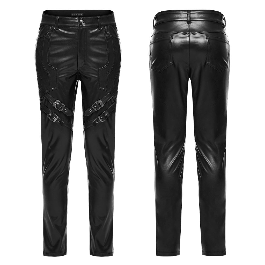 WK-598PCM Edgy Faux Leather Punk Pants with Buckles and Zipper Details