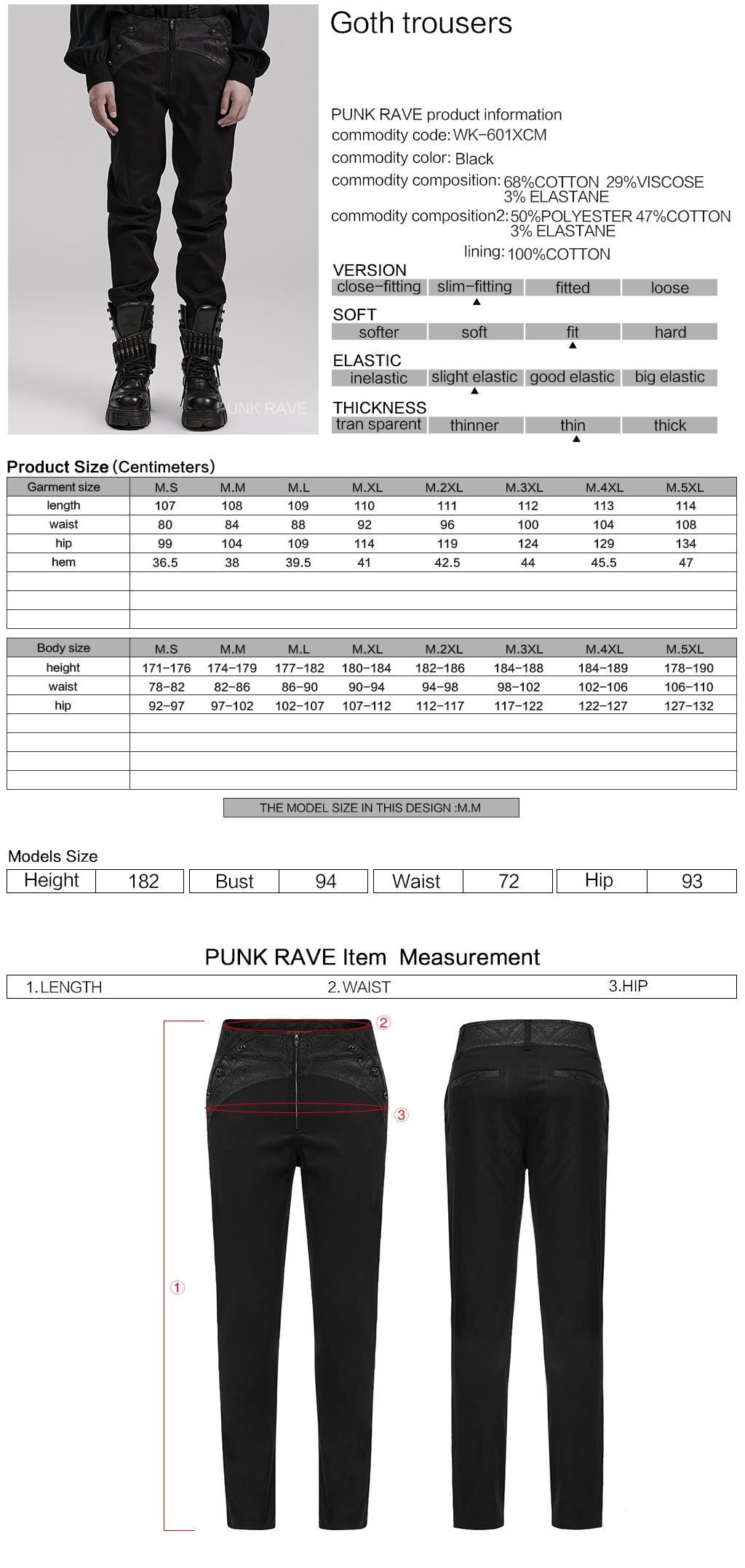 WK-601XCM Gothic Slim Fit black Pants With Lace Details